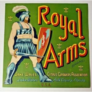 Vintage Royal Arms Original 1940s Polk County, FL Citrus Crate Label WS8D
